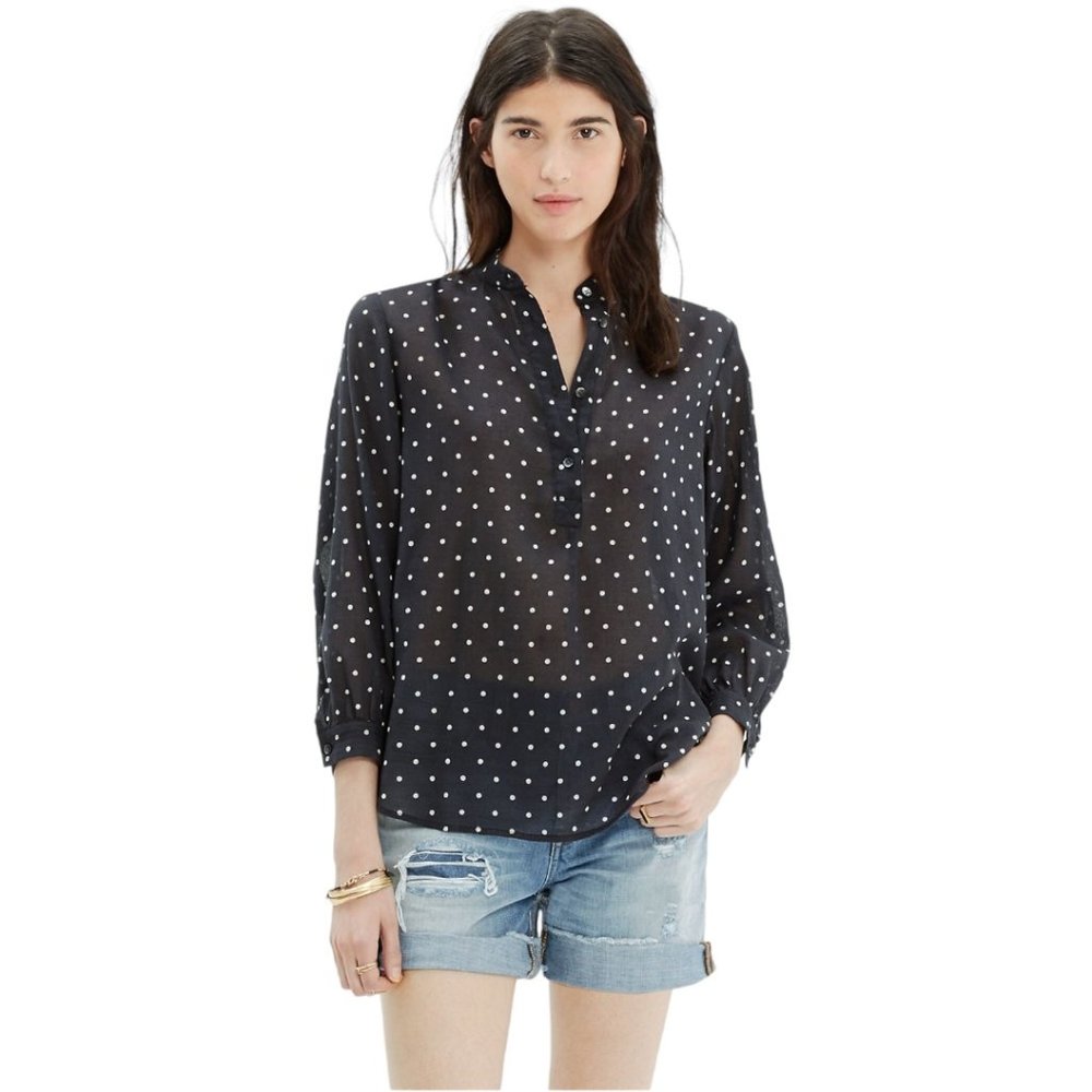 Madewell Black & White Polka Dot Shirred Popover Tunic Peasant Blouse S
